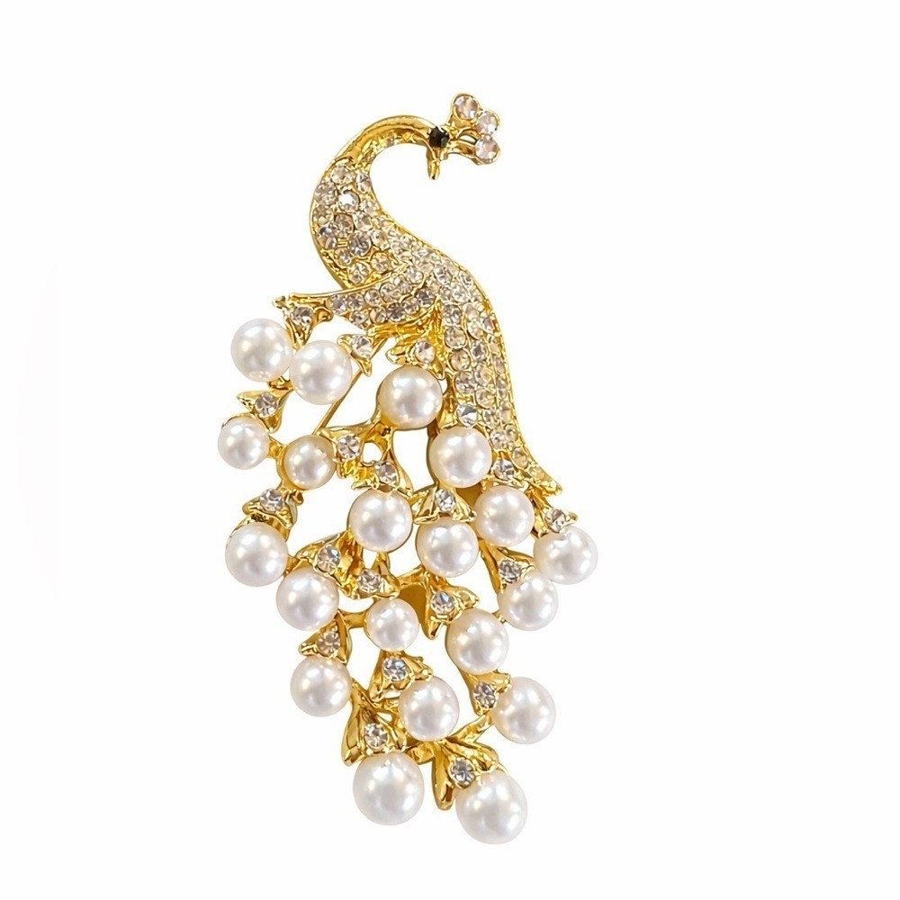 Gold Tone Peacock Brooch Pin W/ Faux Pearls & Rhinestones Statement Pin New